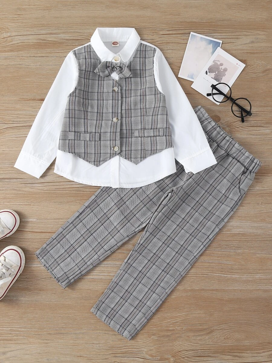 เด็กผู้ชายวัยหัดเดิน ลายสก็อต คอโบว์ 2 in 1 เสื้อเชิ้ต พร้อม กางเกงขายาว b-15