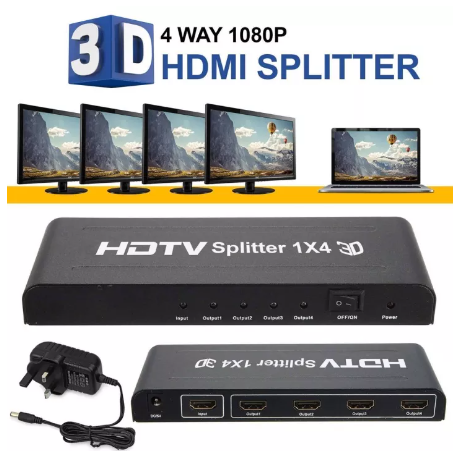 GE92-กล่องแยกสัญญาณ Splitter รุ่น HDMI 1 ออก 4 Full HD 1080P 3 D Verion 1.4 (Black)