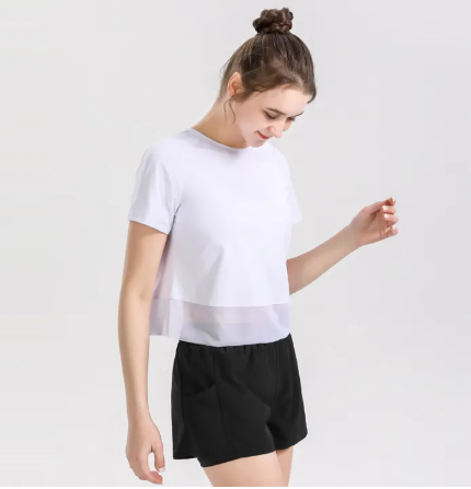 SF140-โยคะกีฬาออกกำลังกายวิ่งบนแขนสั้นของผู้หญิงยืดหยุ่นหลวมระบายอากาศตาข่ายเสื้อยืดแห้งเร็ว