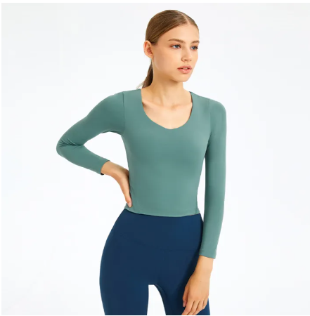 SF127-เสื้อโยคะฤดูใบไม้ร่วงใหม่เสื้อผ้าโยคะของผู้หญิงคอวีบางยืดแน่นเปลือยกีฬาด้านบนด้วยแผ่นอกวิ่งเสื้อยืด