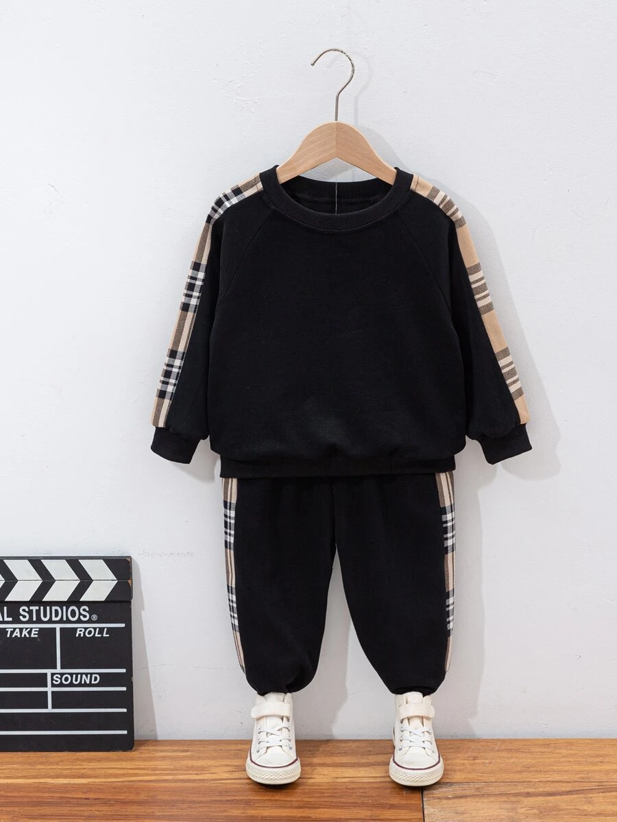 เด็กผู้ชายวัยหัดเดิน ลายสก็อต แขนเสื้อแบบตะเข็บเฉียง เสื้อสวมหัว & กางเกงขายาว b-30