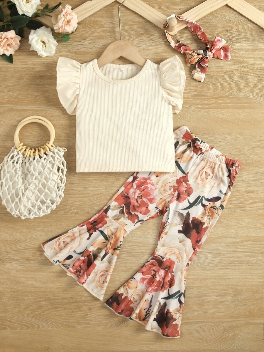 เด็กผู้หญิงวัยหัดเดิน ปลายระบาย เสื้อ & ลายดอกไม้ กางเกงขาบาน & ที่คาดผม a-66