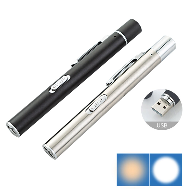 TH23-ปากกาไฟฉาย Led ขนาดเล็ก พร้อมคลิปหนีบ สเตนเลส ชาร์จ USB สําหรับพยาบาล