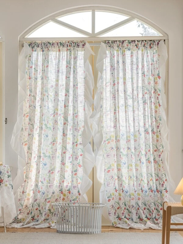 ผ้าม่าน ลายดอกไม้ ขอบระบาย ผ้าโปร่ง  0055