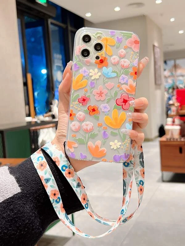 เคสโทรศัพท์ พิมพ์ลายรูปดอกไม้ พร้อมสายคล้องคอ c-75