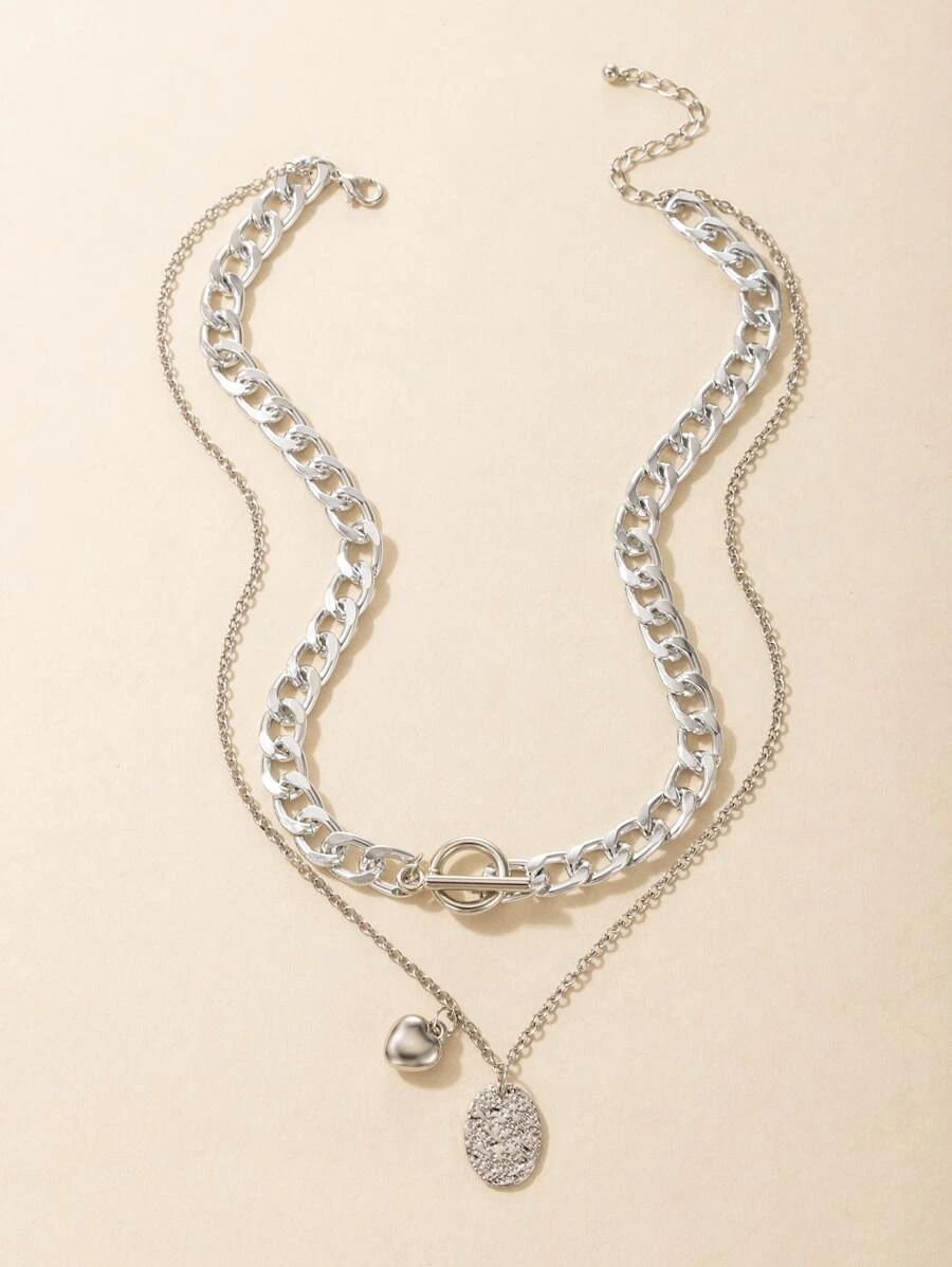 Geo & Heart Charm Layered Necklace  kk-15