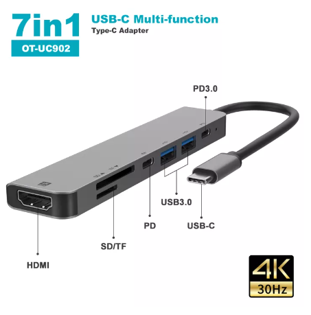 PD26-USB C USB3.1 TYPE C HUB 7 ใน 1 USB HUB All in One USB C to HDMI Card Reader LAN PD Charging Adapter 4K รุ่น 50538 for Huawei Mate 10/ P20/ P30, Microsoft Surface, Apple MacBook, Macbook Pro, Sams