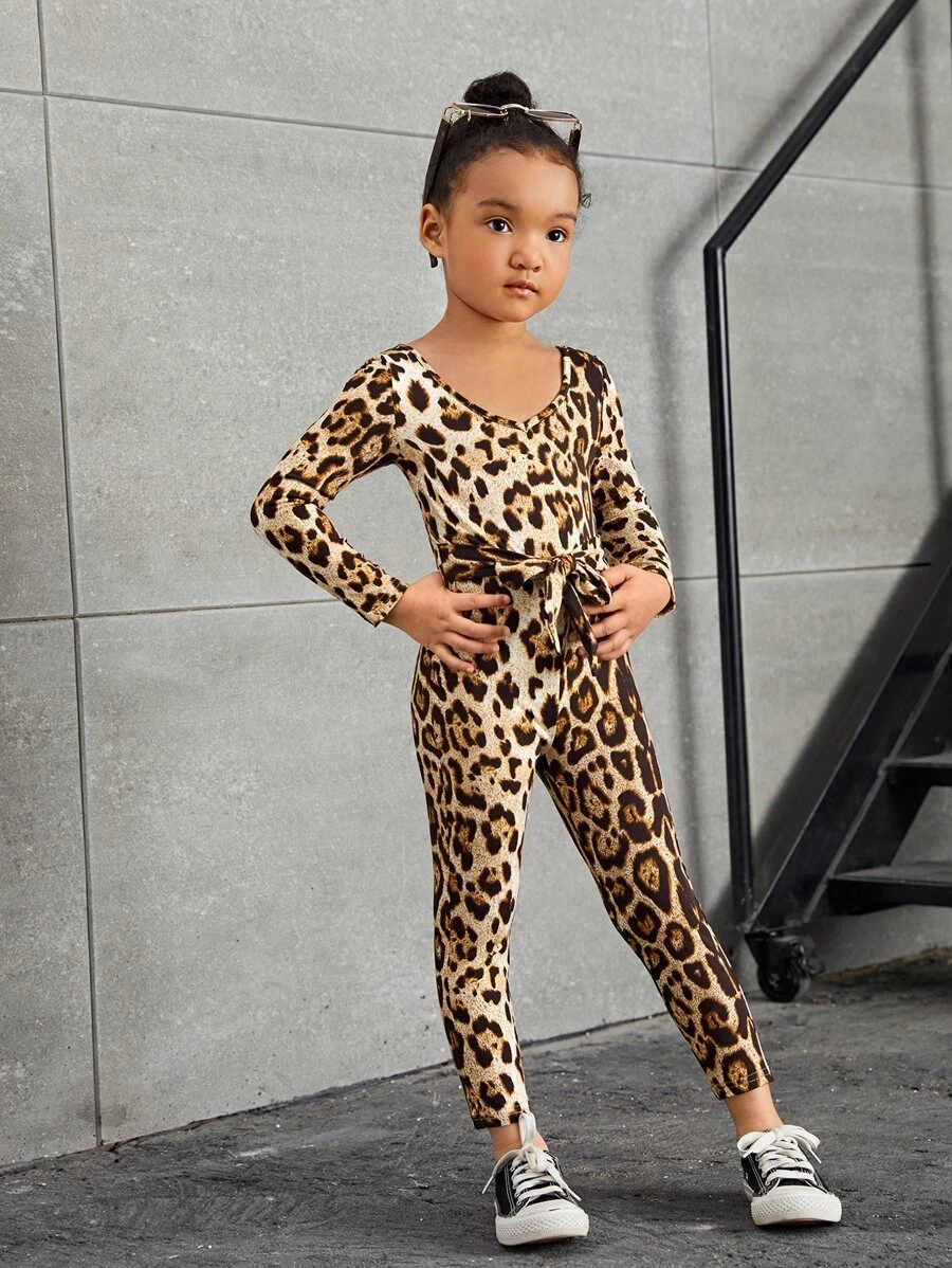 เด็กผู้หญิง จั๊มสูท ยืด ลาย เสือดาว ปมด้านหน้า a-35