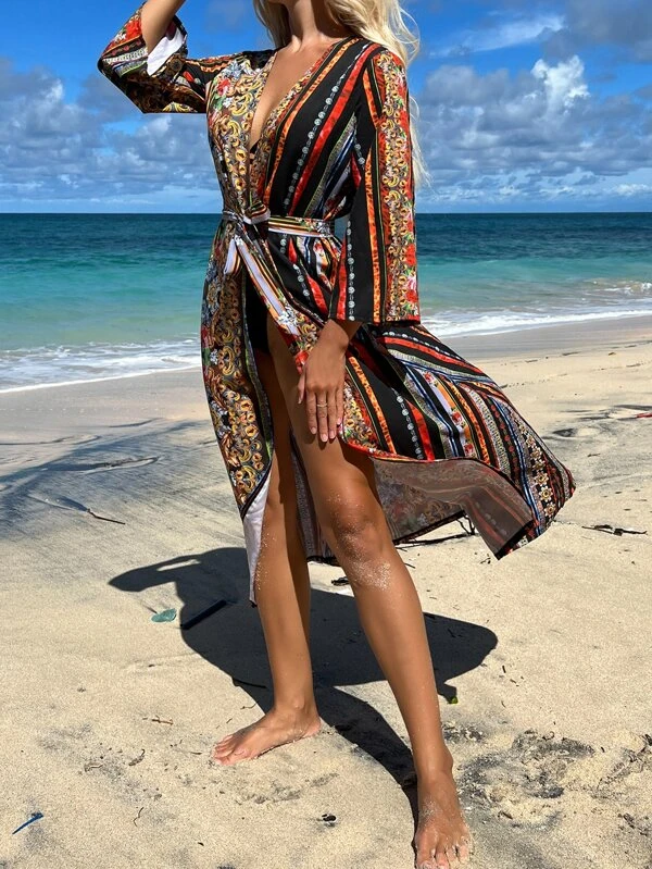 กิโมโน ลายทาง & พิมพ์ลาย ดอกไม้ แต่งเข็มขัด  mm-216