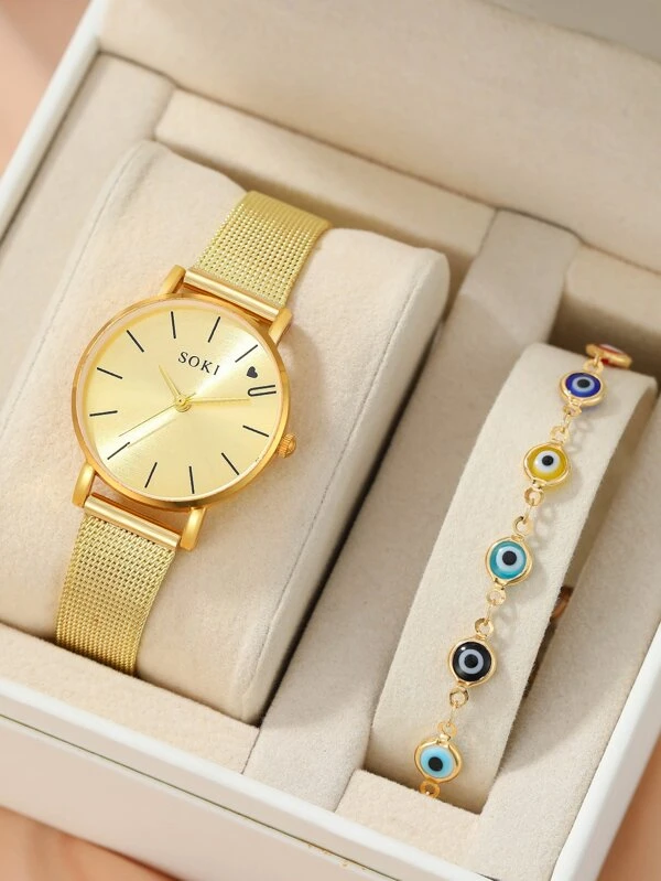 นาฬิกาข้อมือ เครื่องควอตซ์ 1 ชิ้น สไตล์มินิมอล หน้าปัดกลม และ สร้อยคอ 1 ชิ้น   น-0156