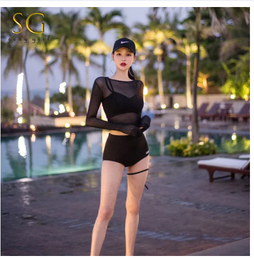 S16 SG ชุดว่ายน้ำผู้หญิง (1เซต3ตัว) กางเกงเอวสูงเสื้อแขนยาวลายลูกไม้ สไตล์เท่ห์ มีให้เลือกหลายไซค์ พร้อมส่ง-2174