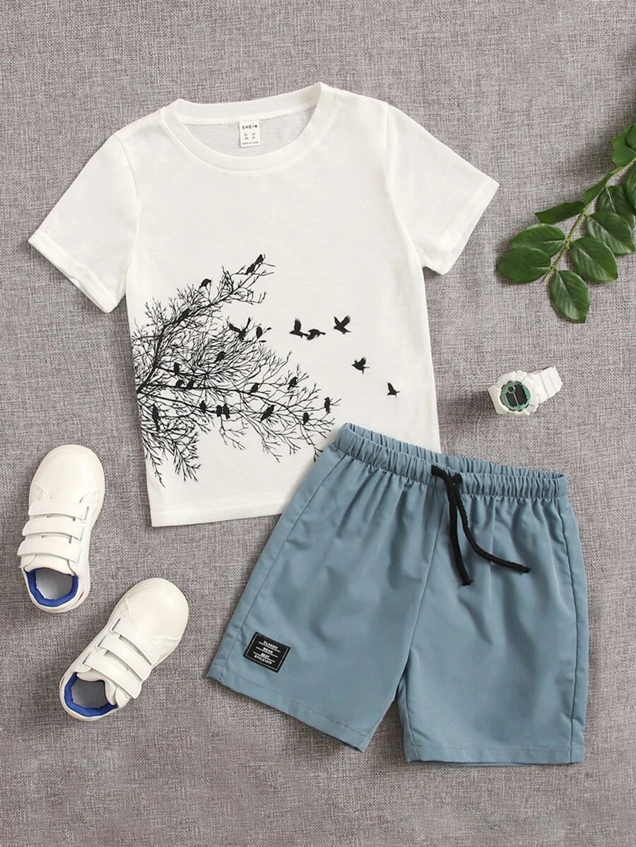 เด็กผู้ชาย ต้นไม้ & ลาย นก เสื้อยืด & แพทช์ ตัวอักษร สายรัดเอว กางเกงขาสั้น b-59