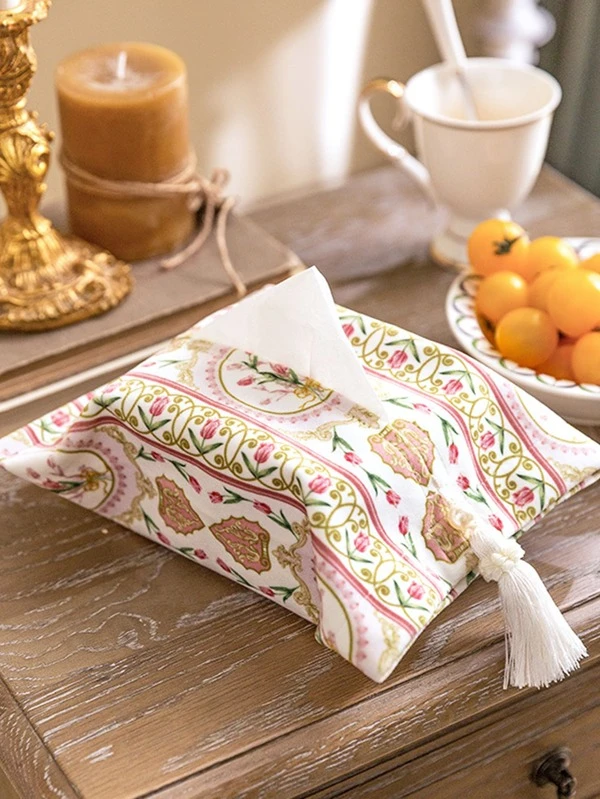 ถุงเก็บทิชชู่ ปักดอกไม้ ตกแต่ง พู่ 1 ชิ้น  nn-68