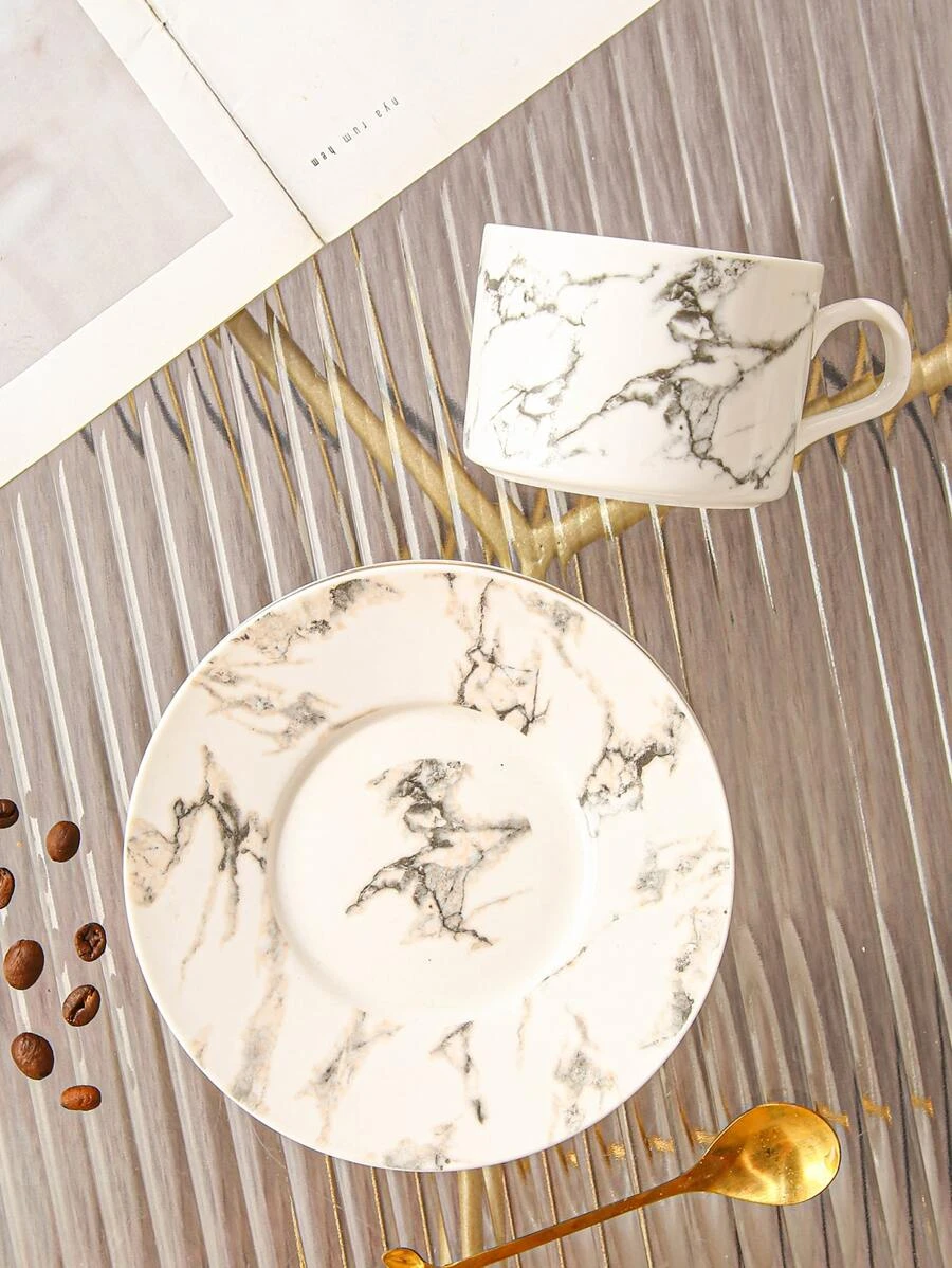 จาน 3 ชิ้น/เซต ลายคราม แก้วมัค และ ช้อน และ จาน สไตล์นอร์ดิก ลายหินอ่อน แก้วกาแฟ และ ช้อน สำหรับ บ้าน  oo-166