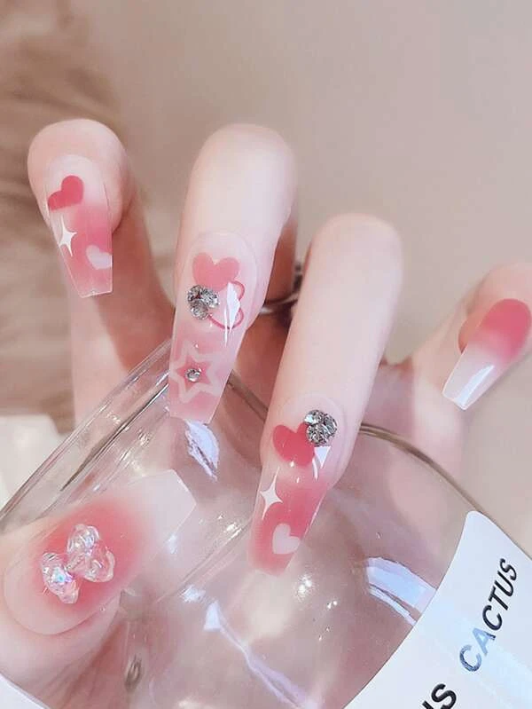 เล็บปลอม ยาว คอฟฟิน ลายดาว & เทปกาว 1 แผ่น & ตะไบเล็บ 1 ชิ้น 24 ชิ้น c-90