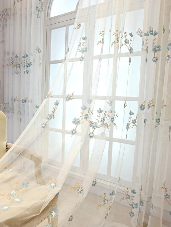 ผ้าม่าน ผ้าโปร่ง ปักดอกไม้  ผ119