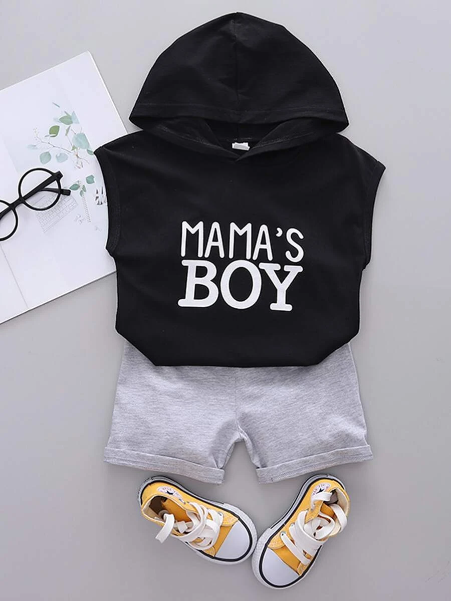 เด็กผู้ชายวัยหัดเดิน ภาพกราฟิกตัวอักษร ฮูด เสื้อ & กางเกงขาสั้น b-83