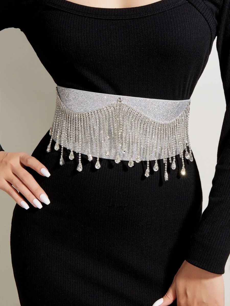 เข็มขัด ติดเพชร ลายหยดน้ำ แต่งพู่  l-23