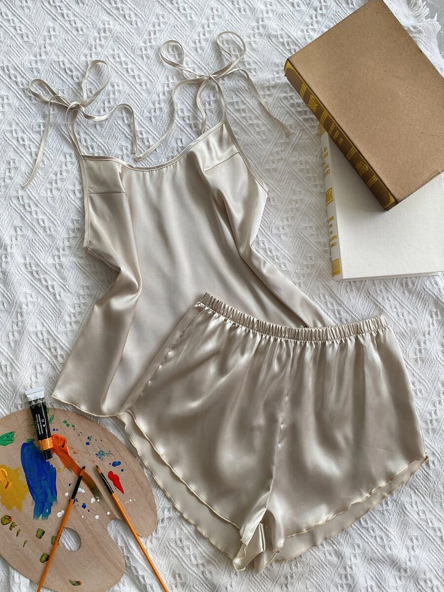 ชุดนอน เสื้อสลิง & กางเกงขาสั้น ปมที่ไหล่ ขอบหยัก ผ้าซาติน  bb-20