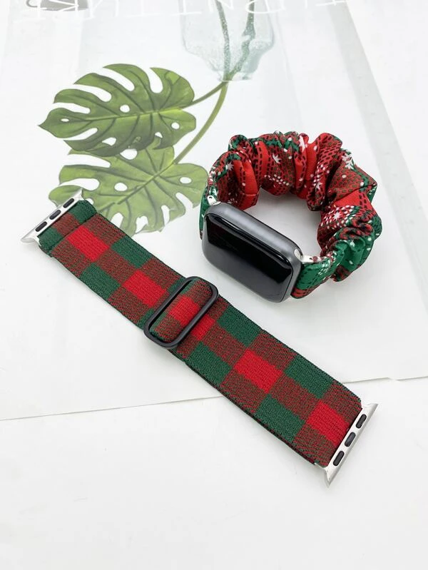 สายนาฬิกา แบบห่วงรัดผมลำไส้ใหญ่ คริสต์มาส ลายสก็อต เหมาะกับ A น-15pple Watch 2 ชิ้น  น-