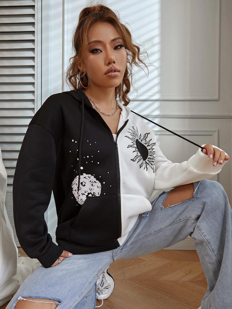 ฮู้ดดี้ พิมพ์รูปดวงอาทิตย์และดวงจันทร์ บล็อคสี ไหล่ตก สายรัด  cc-94