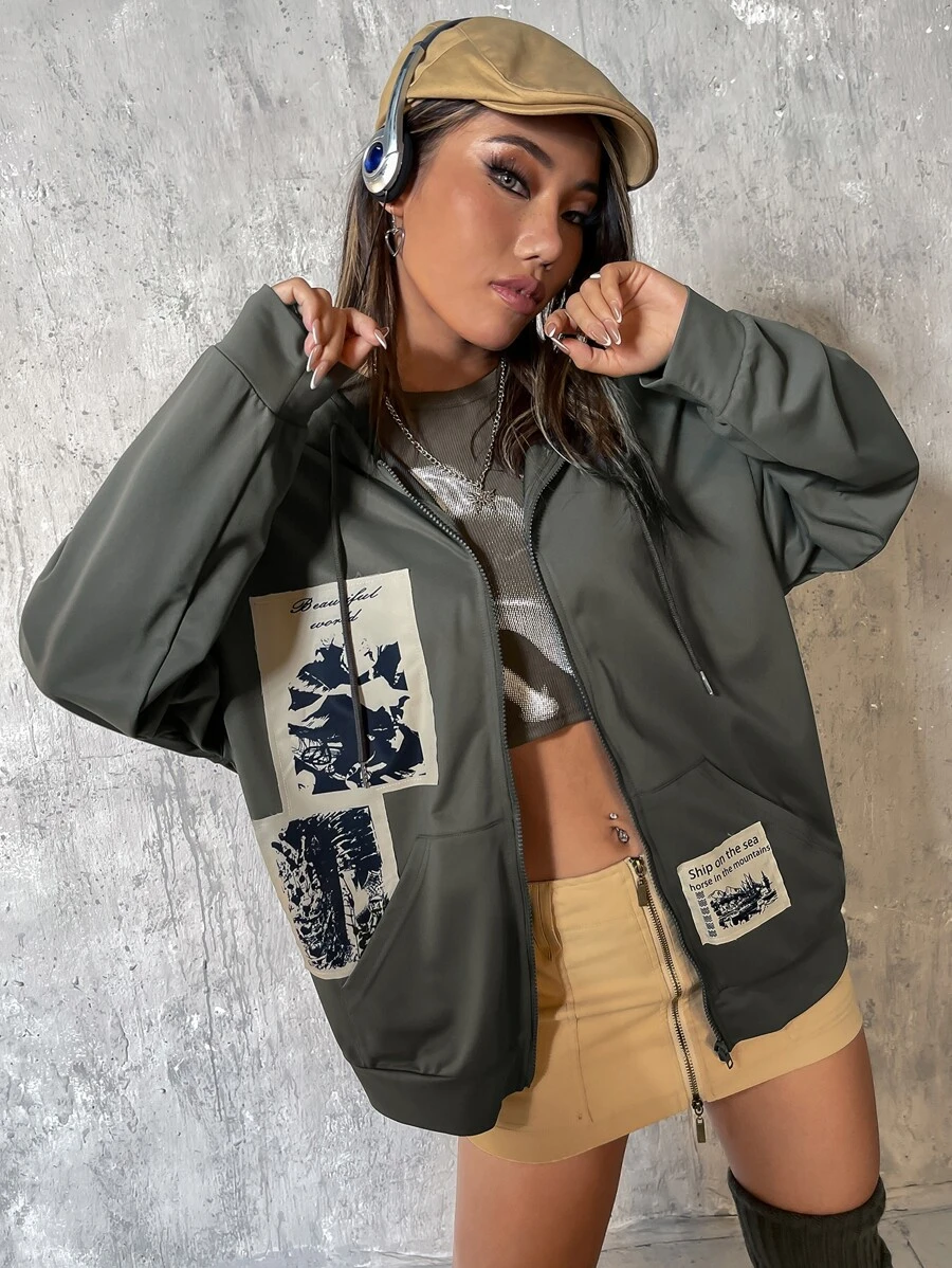 ฮู้ดดี้ พิมพ์ สโลแกน & ผีเสื้อ ไหล่ตก สายรัด ซิป  cc-96