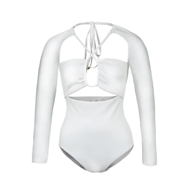 VA29-SS2022/1 OPEN FRONT TIE NECK WHITE LONG SLEEVES SWIMMING SUIT ชุดว่ายน้ำตัดต่อด้านหน้า ผูกคอ แขนยาว มีฟองน้ำในตัวผ้าหนา กัน UV UPF 50+