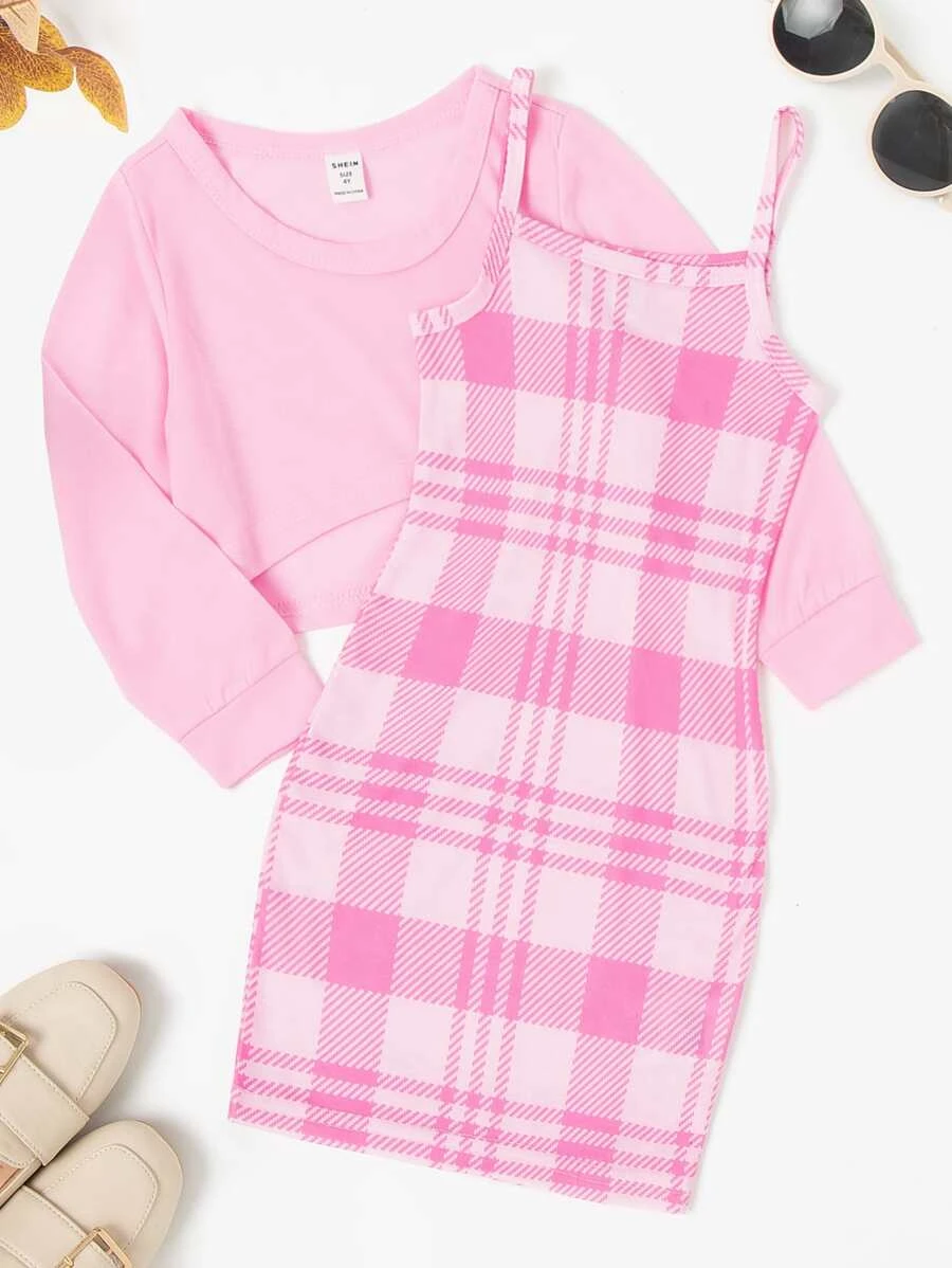 เด็กผู้หญิง คามีเดรส ลายสก็อต พร้อมเสื้อยืด a-72