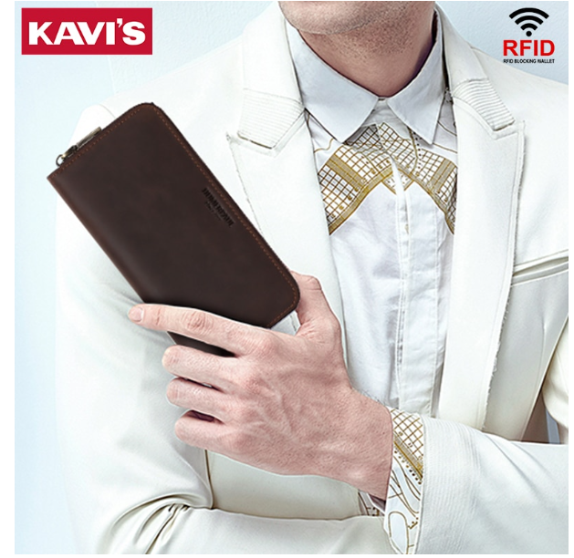 HU18-KAVIS หนังแท้ RFID บล็อกกระเป๋าสตางค์ซิปวินเทจกระเป๋าเงินเหรียญชายยาวกระเป๋าสตางค์ผู้ชายผู้ถือบัตรกระเป๋าสตางค์
