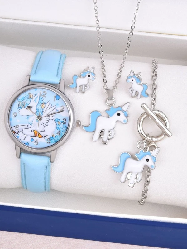 เซต นาฬิกาข้อมือ ลายการ์ตูน 1 ชิ้น ลายยูนิคอร์น หน้าปัดกลม และ เครื่องประดับ 4 ชิ้น น-0162