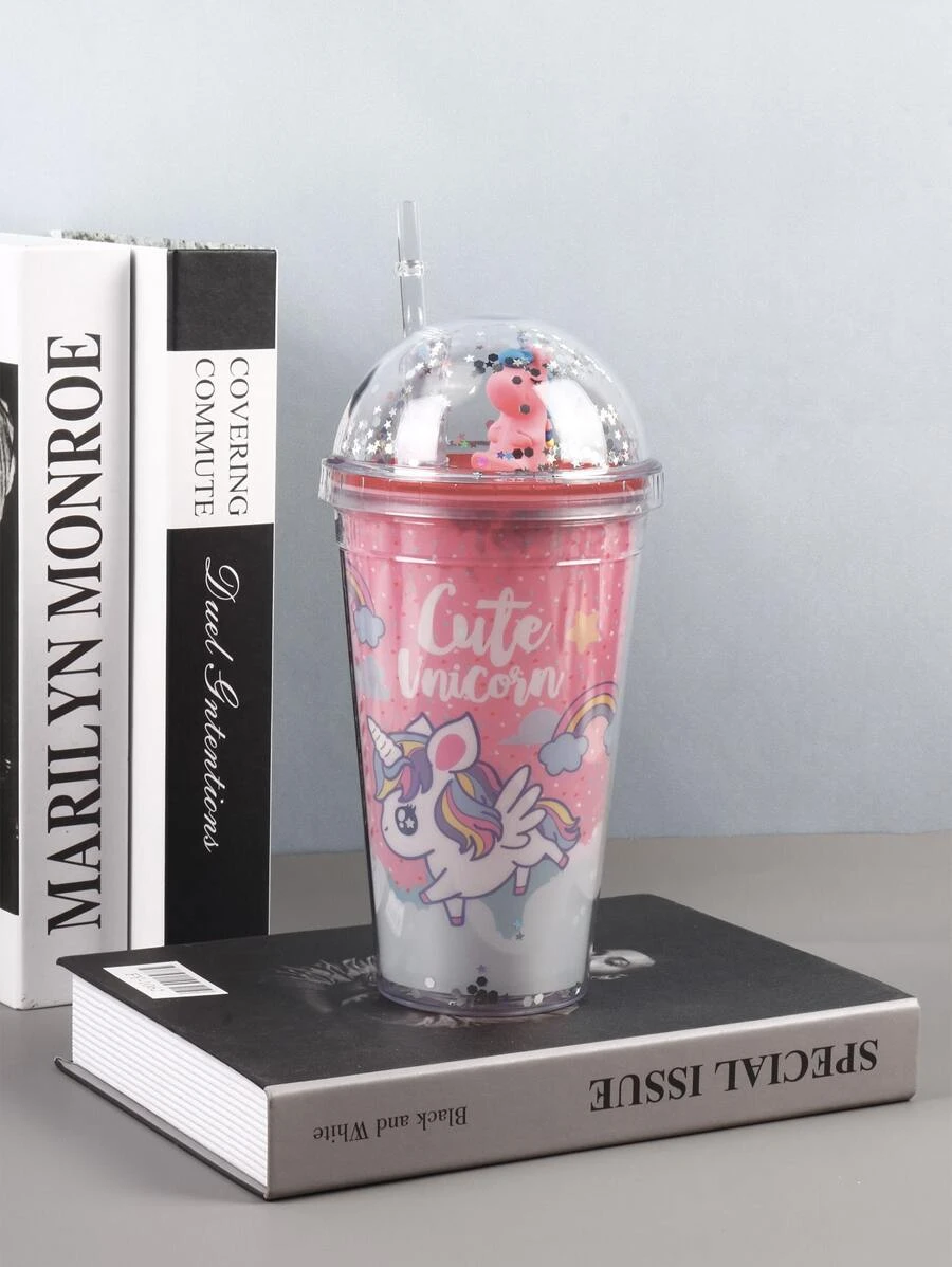 1ชิ้น แก้วดื่มน้ำ PC, ถ้วยดื่มเดินทางฉนวน แบบพกพา รายละเอียด เลื่อม กราฟิก ยูนิคอร์น และ ตัวอักษร น่ารัก สำหรับบ้าน  pp-75