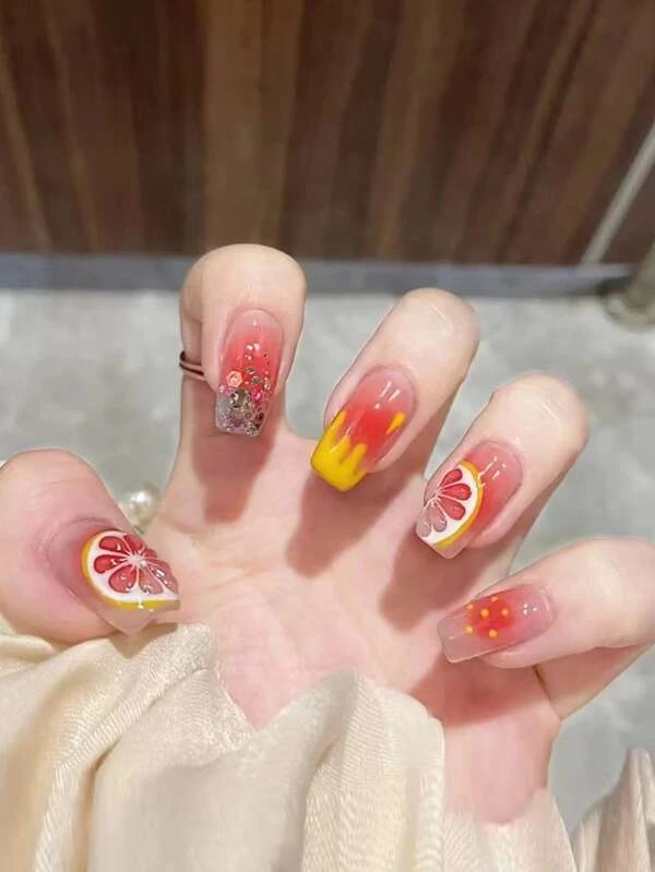 24 ชิ้น เล็บปลอม ทรงเหลี่ยม สั้น & ตะไบเล็บ 1 ชิ้น & เทป 1 แผ่น c-19