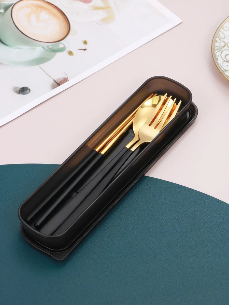 ชุดช้อนส้อมตะเกียบ ช้อนส้อมสแตนเลส แบบพกพา สามชิ้น hh-9