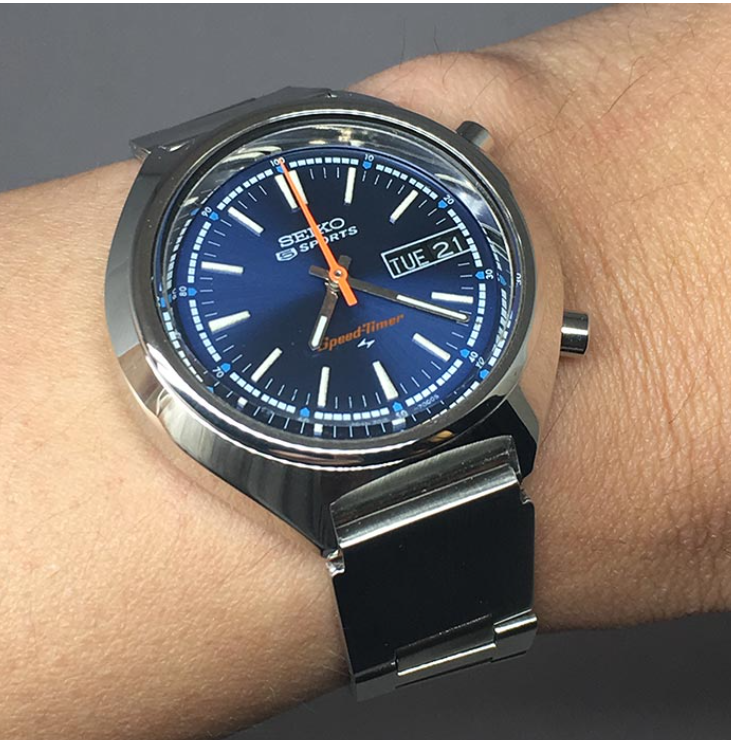 S65-Seiko 5 sport speedtimer 7015-7000 Chronograph Automatic 1970s Size 39mm หน้าปัดน้ำเงินสไลด์เงาประดั