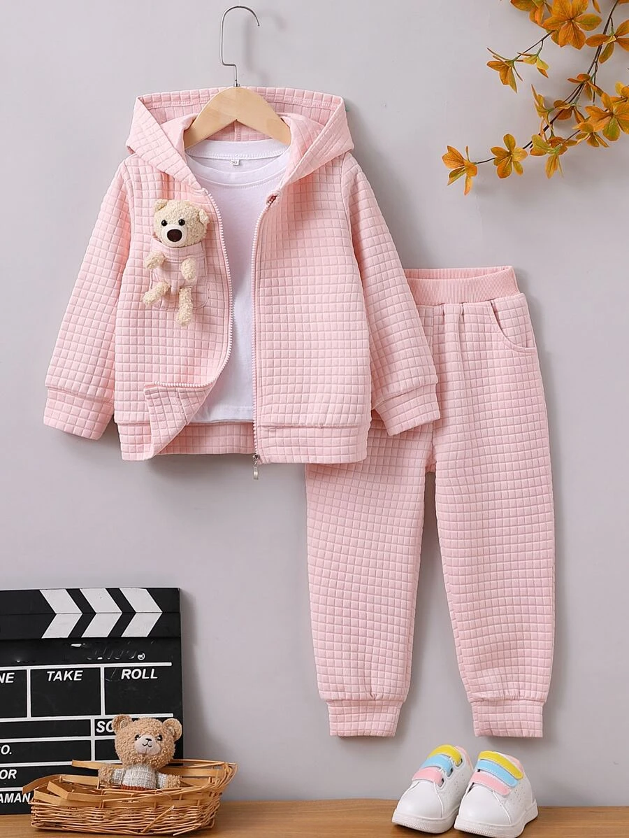 เด็กผู้หญิง ฮู้ดดี้แบบมีซิป รายละเอียด ตุ๊กตาหมี & กางเกงวอร์ม ไม่มีเสื้อยืด a-75