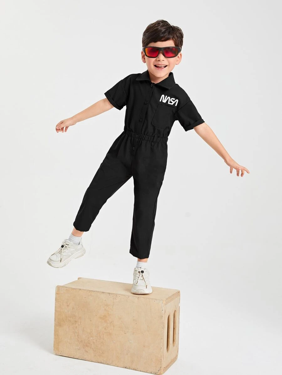 เด็กผู้ชายวัยหัดเดิน จั๊มสูท ภาพกราฟิกตัวอักษร เย็บปะ กระเป๋๋ากางเกง b-36