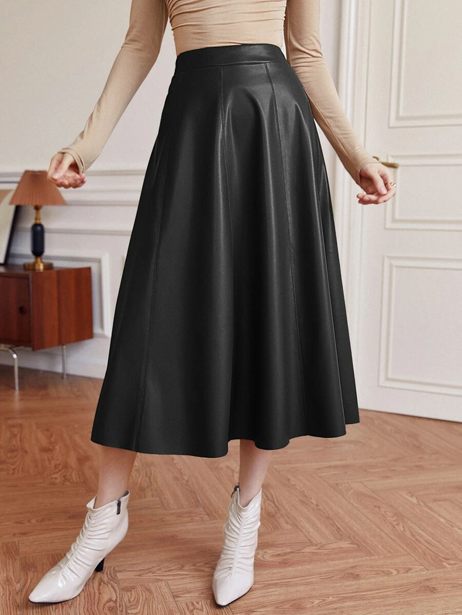 BIZwear กระโปรง เอวสูง หนัง PU ทรงบาน jj-57