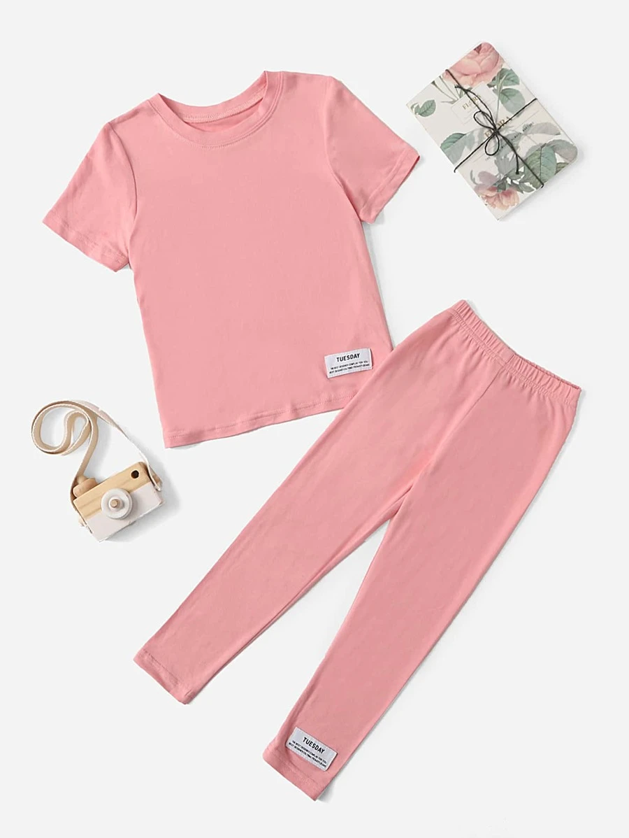 เด็กผู้หญิงวัยหัดเดิน เสื้อยืดและเลกกิ้ง ลายตัวอักษร ตกแต่งลายปะ a-61