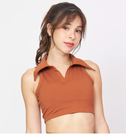 SF38-Luxeflex Collar Crop Top (Morocco) - เสื้อยืดน้ำตาล / เสื้อออกกำลังกาย เสื้อผ้าโยคะ เล่นกีฬา