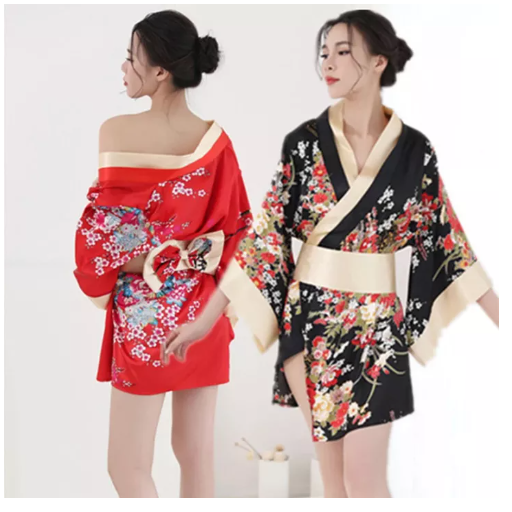 SE01@ชุดนอนไม่ได้นอน ชุดกิโมโนสีดำ ลายดอกไม้ พร้อมส่งที่ไทย ส่งไว 1วัน SE155