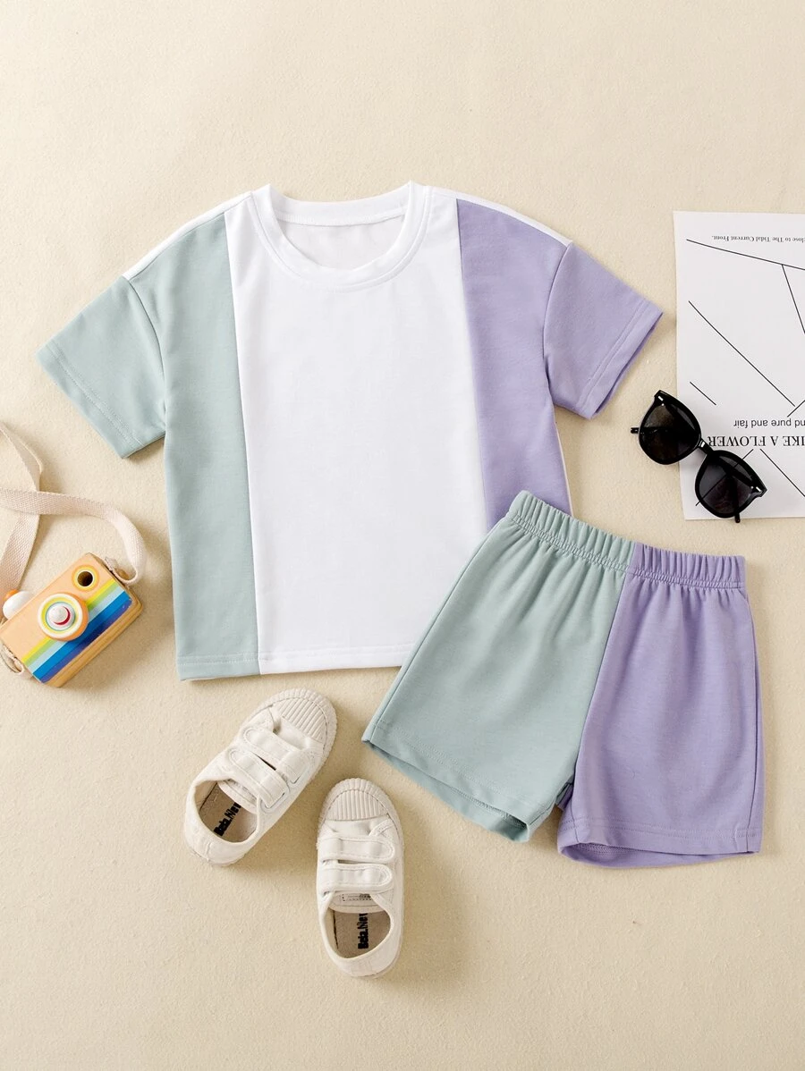 เด็กผู้ชาย เสื้อยืด & กางเกงขาสั้น บล็อคสี b-89