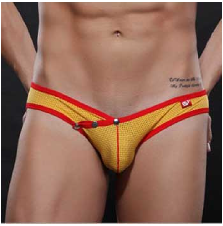 MH04-กางเกง ในชายเอวต่ำ สีเหลืองขอบสีแดง มีรูระบายอากาศใส่แล้วไม่ร้อน