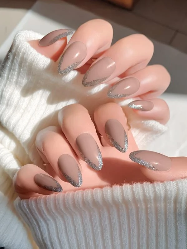 เล็บปลอม ยาว อัลมอนด์ กลิตเตอร์ & เทปกาว 1 แผ่น & ตะไบเล็บ 1 ชิ้น 24 ชิ้น c-73