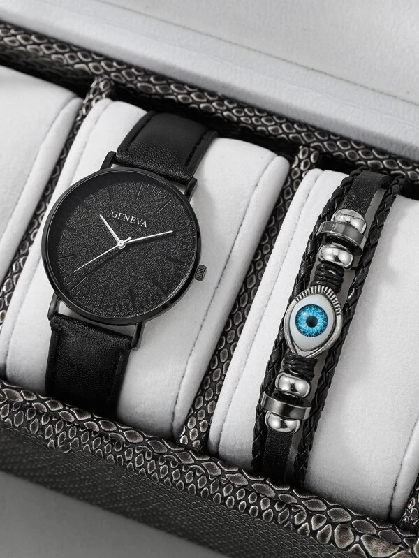 นาฬิกาข้อมือ เครื่องควอตซ์ ผู้ชาย 1 ชิ้น หน้าปัดกลม และ สร้อยคอ 1 ชิ้น  น-0152