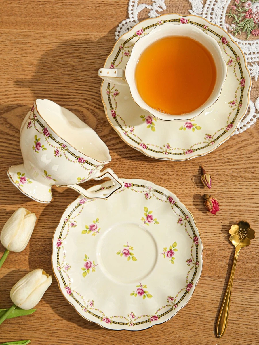 2 ชิ้น/เซ็ต แก้วมัค & ย้อนยุค ลาย ดอกไม้ แก้วกาแฟ & โต๊ะ จาน สำหรับ ออฟฟิศ  oo-153