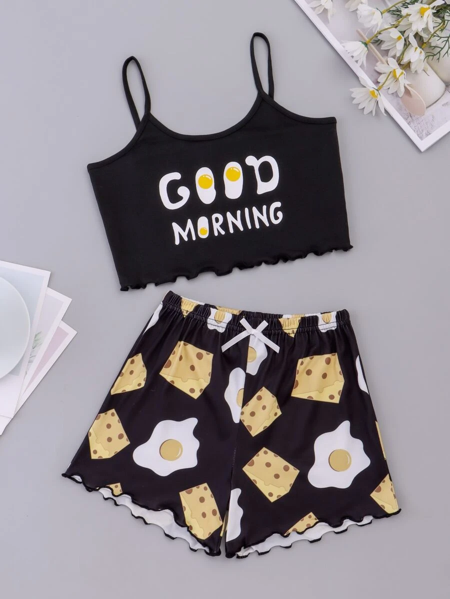เด็กผู้หญิง เซ็ต ชุดนอน สายเดี่ยว ลาย การ์ตูน & สโลแกน ขอบหยัก  bb-37