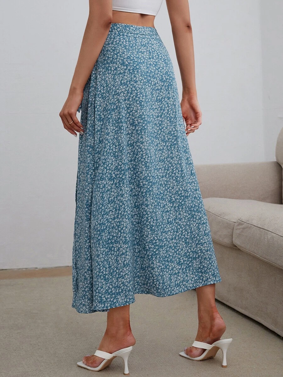 กระโปรง ลายดอกไม้ขนาดเล็ก ผ่าแหวก ผูกปมข้าง jj-11