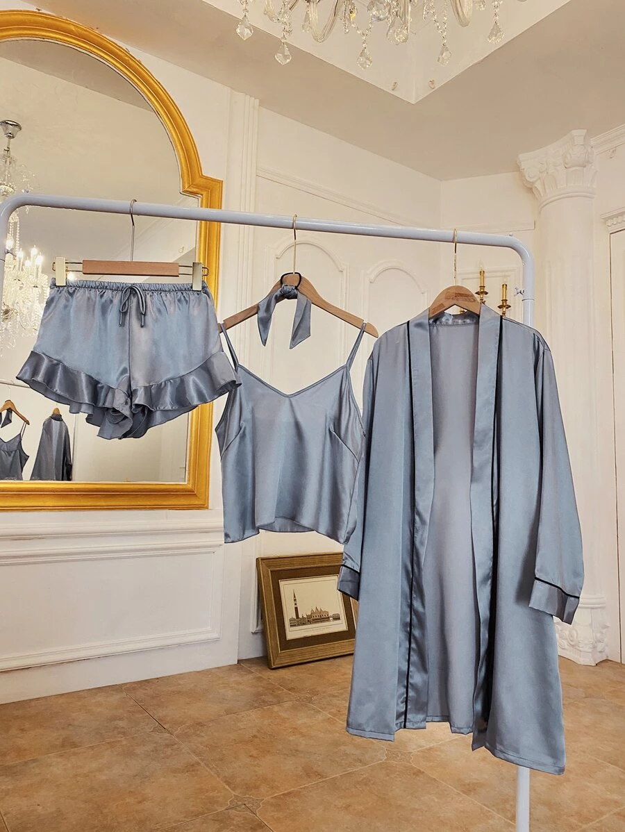 4 ชิ้น นัวเนีย / ชายระบาย ปมด้านหน้า เย็บเชือกหน่อง ผ้าซาติน เซ็ต ชุดนอน & ยางมัดผม  bb-48