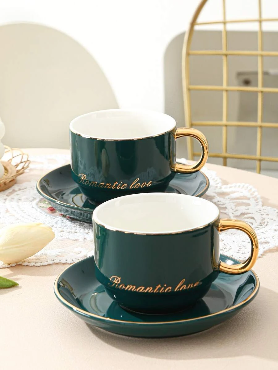 1 ชิ้น แก้วมัค กราฟฟิค ตัวอักษร & 1 ชิ้น จาน  oo-124