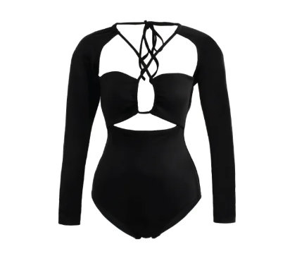 VA28-SS2022/1 OPEN FRONT TIE NECK BLACK LONG SLEEVES SWIMMING SUIT ชุดว่ายน้ำตัดต่อด้านหน้า ผูกคอ แขนยาว มีฟองน้ำในตัวผ้าหนา กัน UV UPF 50+